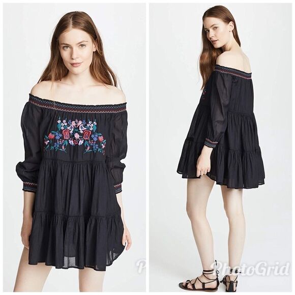FREE PEOPLE Off The Shoulder Babydoll Tiered Mini Dress Embroidered Black XS New - Picture 13 of 13